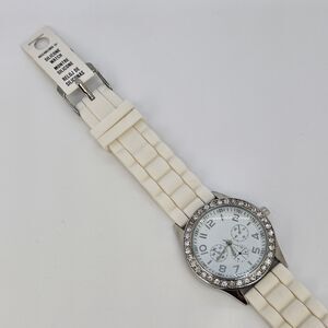38MM Women's Watch White Dial Crystal Accented Bezel White Bands New Battery